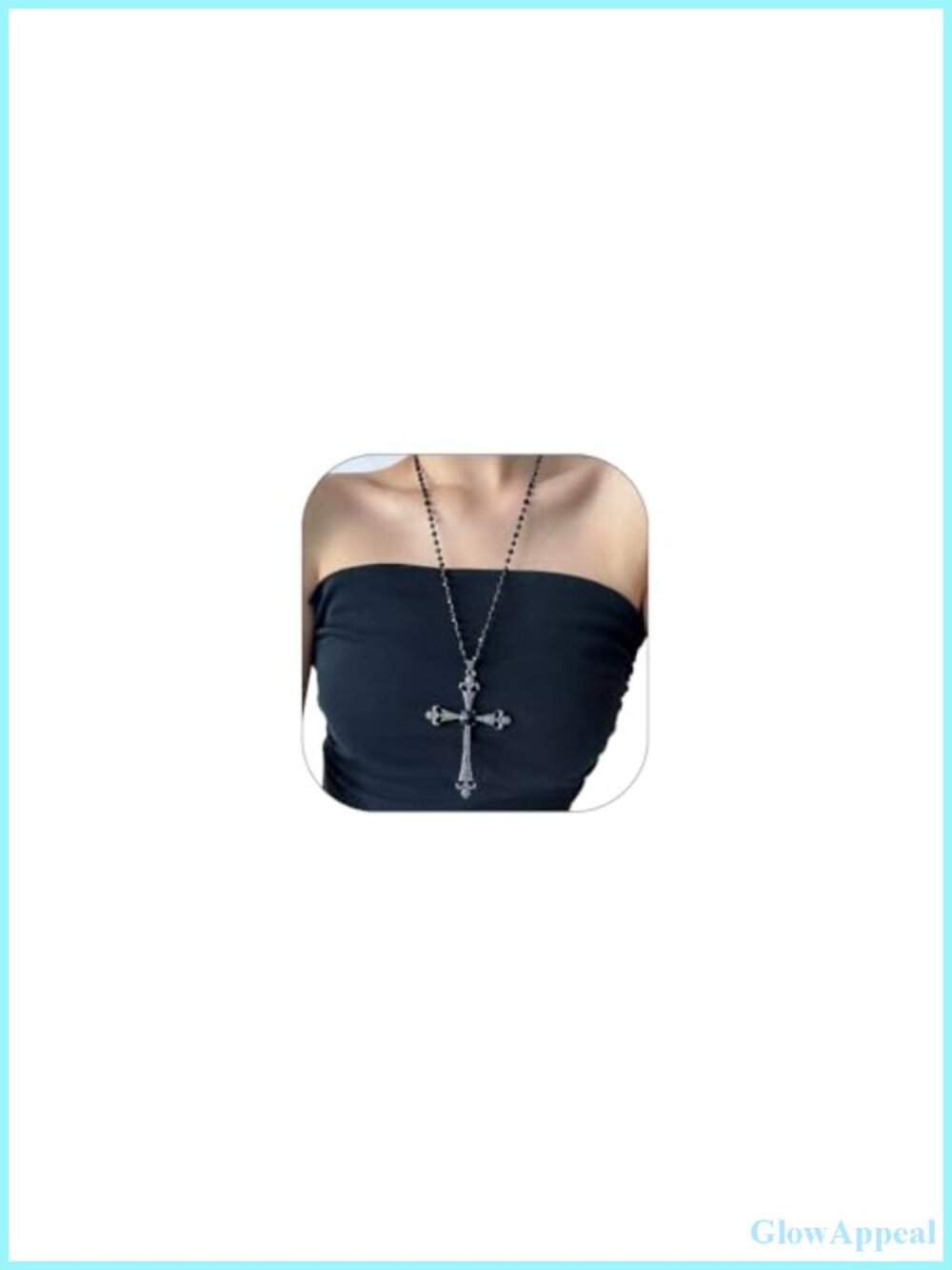 Gothic Punk Cross Pendant Necklace Rhinestone Pearl Beaded Long Sweater Chain